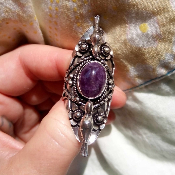 ❤ Sterling silver Amethyst Bird Sparrow Big Statement Ring sz 7.5 - Picture 3 of 5